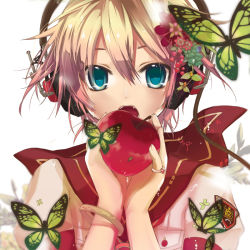 Rule 34 | 1boy, androgynous, apple, blonde hair, blue eyes, bug, butterfly, fang, food, fruit, headphones, hekicha, bug, japanese clothes, jewelry, kagamine len, kimono, male focus, open mouth, ring, solo, trap, vocaloid