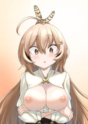 Rule 34 | 1girl, :o, ahoge, blush, breasts, breasts out, brown corset, brown eyes, brown hair, corset, crossed arms, feather hair ornament, feathers, gradient background, hair between eyes, hair ornament, hairclip, highres, holocouncil, hololive, hololive english, long hair, looking at breasts, medium breasts, nanashi mumei, narrowed eyes, nipples, nocturnal demon, open mouth, ponytail, runes, shirt, solo, upper body, very long hair, virtual youtuber, white shirt