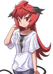 Rule 34 | 1girl, ahoge, breasts, casual, demon girl, demon horns, demon tail, horns, maou beluzel, matsuda yuusuke, original, pants, red eyes, red hair, short sleeves, small breasts, smile, solo, tail, white background, aged down, yuusha to maou