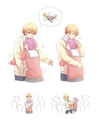 Rule 34 | 1boy, 1girl, 4koma, blonde hair, blush, cardigan, closed eyes, closed mouth, comic, gradient hair, hair between eyes, hand on another&#039;s back, hand on another&#039;s head, height difference, highres, hug, kamiyama high school uniform (project sekai), long sleeves, miyamasuzaka girls&#039; academy school uniform, momomo (m0 3), multicolored hair, necktie, ootori emu, open mouth, orange eyes, orange hair, pink cardigan, pink hair, project sekai, school uniform, short hair, skirt, tenma tsukasa, thought bubble, white background, yellow cardigan