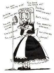 Rule 34 | 2015, apron, bloody marie (skullgirls), book, dress, closed eyes, frilled apron, frilled dress, frills, greyscale, hair ornament, kuroirozuki, maid apron, maid headdress, microphone stand, microskirt, monochrome, open mouth, skirt, skull hair ornament, skullgirls, smile, twintails, white background