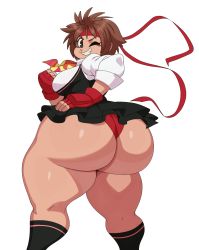 Rule 34 | 1girl, absurdres, ass, breasts, brown eyes, brown hair, capcom, eric lowery, fingerless gloves, from behind, gloves, grin, headband, highres, huge ass, kasugano sakura, large breasts, looking at viewer, looking back, miniskirt, one eye closed, panties, plump, shiny skin, short hair, sideboob, skirt, smile, solo, street fighter, street fighter v, thick thighs, thighs, underwear, wide hips, wink