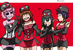 4girls artist_request ashido_mina asui_tsuyu boku_no_hero_academia brown_hair choker closed_eyes colored_skin corset cosplay danielfs2002_ finger_on_face folding_arms gloves green_hair hat highres jirou_kyouka long_earlobes looking_at_viewer multiple_girls niijima_makoto niijima_makoto_(cosplay) off_shoulder okumura_haru okumura_haru_(cosplay) persona persona_5 persona_5:_dancing_star_night persona_dancing pink_hair pink_skin purple_hair sakura_futaba sakura_futaba_(cosplay) short_hair shorts skirt tagme takamaki_anne takamaki_anne_(cosplay) thighhighs uraraka_ochako yellow_eyes