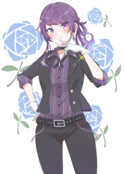 Rule 34 | 1girl, alternate hairstyle, belt, belt collar, black belt, black jacket, black pants, blue flower, blue rose, blunt bangs, blush, braid, breasts, closed mouth, collar, cowboy shot, cross tie, diagonal bangs, earrings, eitopondo, finger to mouth, floral background, flower, gloves, hand on own hip, hand up, heart, heart earrings, highres, idolmaster, idolmaster shiny colors, jacket, jewelry, long hair, looking at viewer, medium breasts, necklace, open clothes, open jacket, pants, purple eyes, purple hair, purple shirt, rose, shirt, sleeves rolled up, solo, sparkle, standing, striped clothes, striped shirt, tanaka mamimi, vertical-striped clothes, vertical-striped shirt, white background, white gloves
