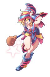 Rule 34 | 1girl, bare shoulders, blonde hair, blue eyes, blue footwear, boots, breasts, cleavage, dark magician girl, duel monster, hat, highres, large breasts, long hair, pentacle, reiga (act000), solo, staff, wizard hat, yu-gi-oh!, yuu-gi-ou, yu-gi-oh! duel monsters
