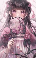 Rule 34 | 1girl, black hair, chinese clothes, covered mouth, earrings, floral print, flower, flower earrings, hair flower, hair ornament, hand fan, hanfu, highres, holding, holding fan, jewelry, long hair, looking at viewer, multicolored hair, nail polish, original, pink eyes, pink flower, pink hair, pink nails, pink theme, ruqun, solo, streaked hair, upper body, yuubarish