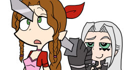 Rule 34 | 1boy, 1girl, aerith gainsborough, brown hair, final fantasy, final fantasy vii, panty &amp; stocking with garterbelt, parody, sephiroth, spoilers, style parody, sword, troll face, violence, weapon