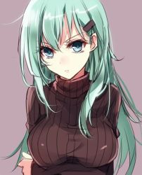 Rule 34 | 10s, 1girl, alternate costume, aosaki yukina, aqua hair, blue eyes, breast hold, breasts, crossed arms, hair ornament, hairclip, kantai collection, large breasts, long hair, looking at viewer, ribbed sweater, solo, suzuya (kancolle), sweater, turtleneck, upper body