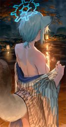 Rule 34 | 1girl, animal ears, aochoku, back, back focus, blue archive, blue hair, breasts, from behind, halo, highres, japanese clothes, kimono, lamp, medium breasts, onsen, shigure (blue archive), shigure (hot spring) (blue archive), short hair, short ponytail, solo, tail, undressing