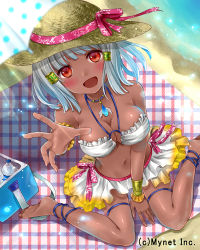 Rule 34 | 1girl, :d, ankle lace-up, anklet, barefoot, beach, bikini, bikini skirt, blanket, blush, bottle, breasts, cleavage, company name, cooler, cross-laced footwear, dark-skinned female, dark skin, day, hair ornament, hanekoto, hat, hat ribbon, jewelry, large breasts, looking at viewer, navel, o-ring, o-ring top, open mouth, outdoors, outstretched hand, pendant, plaid, plaid blanket, reaching, reaching towards viewer, red eyes, ribbon, silver hair, sitting, smile, solo, sun hat, swimsuit, tan, thigh strap, wariza, water, water bottle, white bikini, wrist cuffs