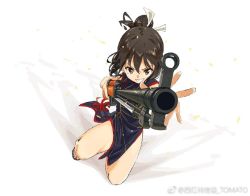 Rule 34 | 1girl, aiming, aiming at viewer, black hair, brown eyes, china dress, chinese clothes, dress, full body, girls&#039; frontline, gun, hair ribbon, holding, holding gun, holding weapon, image sample, long hair, looking at viewer, ponytail, ribbon, sleeveless, smile, solo, tomato (lsj44867), type 63 (girls&#039; frontline), type 63 assault rifle, weapon