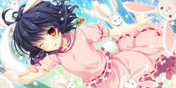 Rule 34 | 1girl, :p, animal, animal ears, asami asami, black hair, carrot necklace, dress, flat chest, frilled dress, frilled skirt, frills, inaba tewi, jewelry, necklace, one eye closed, pendant, pink dress, polka dot, polka dot background, puffy short sleeves, puffy sleeves, rabbit, rabbit ears, rabbit tail, red eyes, short hair, short sleeves, skirt, skirt set, tail, tongue, tongue out, touhou