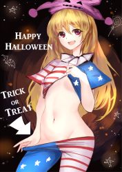 Rule 34 | 1girl, american flag dress, american flag legwear, bad id, bad pixiv id, bat (animal), blonde hair, clothes lift, clothes pull, clownpiece, dress, dress lift, english text, fang, happy halloween, hat, jester cap, lifted by self, long hair, looking at viewer, midriff, moruchi (rinaka moruchi), navel, no panties, open mouth, pantyhose, pantyhose pull, pink eyes, shirt, shirt lift, short sleeves, smile, solo, star (symbol), striped clothes, striped dress, striped pantyhose, text focus, touhou, trick or treat