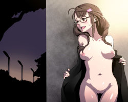 Rule 34 | 10s, 1girl, bad id, bad pixiv id, blush, braid, breasts, brown eyes, brown hair, coat, embarrassed, exhibitionism, female pubic hair, flashing, glasses, idolmaster, idolmaster cinderella girls, long hair, nipples, nude, okuyama saori, open clothes, open coat, outdoors, pubic hair, public indecency, pussy, smile, solo, tkhs, twin braids, uncensored, undressing