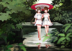 Rule 34 | 2girls, barefoot, breasts, brown eyes, brown hair, day, dress, feng you, flower, green eyes, hair flower, hair ornament, holding, holding umbrella, long hair, luo tianyi, multiple girls, nature, oil-paper umbrella, outdoors, rain, short hair, sitting, small breasts, smile, umbrella, vocaloid, yuezheng ling
