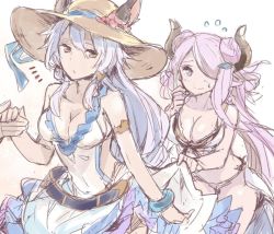 Rule 34 | 2girls, bare arms, bare shoulders, beige hat, bikini, blue eyes, breasts, brown eyes, brown horns, cleavage, closed mouth, commentary request, eye contact, flying sweatdrops, furrowed brow, granblue fantasy, hair between eyes, hair over one eye, hand up, hat, heles, heles (summer) (granblue fantasy), horns, large breasts, leaning forward, light purple hair, long hair, looking at another, looking back, medium breasts, multiple girls, narmaya (granblue fantasy), silver hair, simple background, sketch, smile, swimsuit, toromera, very long hair, white background, white bikini