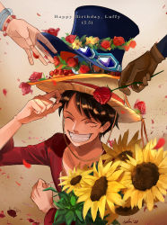 Rule 34 | ^ ^, avenoirn, black hair, bracelet, closed eyes, closed eyes, eyewear on headwear, flower, gloves, grin, happy birthday, hat, head wreath, highres, holding, holding flower, jewelry, male focus, monkey d. luffy, one piece, out of frame, petals, portgas d. ace, rose, sabo (one piece), smile, solo focus, sunflower
