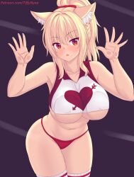 Rule 34 | 1girl, :o, animal ear fluff, animal ears, bare arms, bare shoulders, blonde hair, blush, breasts, cat ears, cat girl, collarbone, commentary, cowboy shot, english commentary, highres, large breasts, long hair, looking at viewer, navel, nottytiffy, open mouth, original, panties, patreon username, ponytail, red eyes, red panties, simple background, sleeveless, solo, thighhighs, thighs, tiffy (nottytiffy), underboob, underwear