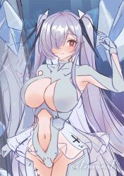 Rule 34 | 1girl, artist name, blush, bodysuit, breasts, cinderella (nikke), cleavage cutout, closed mouth, clothing cutout, goddess of victory: nikke, highres, large breasts, leg cutout, long hair, looking at viewer, navel, navel cutout, nekoponart, red eyes, smile, solo, twintails, very long hair, white bodysuit, white hair