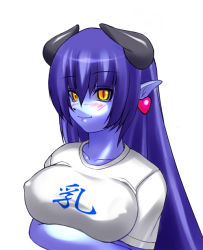 Rule 34 | 1girl, arms under breasts, astaroth (shinrabanshou), black sclera, blue skin, blush, breasts, collarbone, colored sclera, colored skin, covered erect nipples, crossed arms, demon girl, earrings, horns, jewelry, large breasts, long hair, looking at viewer, looking to the side, pointy ears, purple hair, shinrabanshou, sidelocks, solo, upper body, yellow eyes