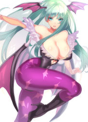 Rule 34 | 1girl, animal print, aqua eyes, aqua hair, arm up, armpits, bad id, bad pixiv id, bare shoulders, bat print, bat wings, black footwear, boots, breasts, cleavage, clenched hand, clothing cutout, collarbone, colored eyelashes, covered navel, demon girl, eyelashes, feathers, female focus, from side, head wings, heart, heart cutout, high heel boots, high heels, highleg, highleg leotard, highres, hohehohe, knee boots, large breasts, leg lift, leotard, long hair, looking at viewer, low wings, morrigan aensland, off shoulder, outstretched arms, pantyhose, parted lips, print pantyhose, purple pantyhose, simple background, skin tight, sleeveless, solo, standing, standing on one leg, vampire (game), very long hair, white background, wings