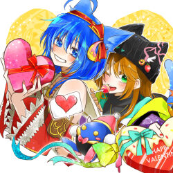 Rule 34 | 2girls, :d, animal ears, animal hat, blue eyes, blue hair, brown hair, cat ears, cat hat, crescent, crescent hair ornament, green eyes, hair ornament, happy valentine, hat, highres, long hair, looking at viewer, multiple girls, nail polish, one eye closed, open mouth, pointy ears, ponyo soa, ponytail, precis neumann, rena lanford, robot, short hair, smile, star ocean, star ocean anamnesis, star ocean the second story, valentine