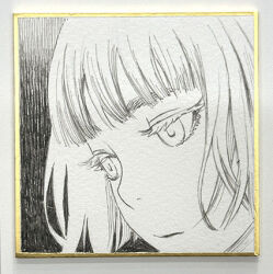 Rule 34 | 1girl, blunt bangs, check copyright, close-up, closed mouth, commentary request, copyright request, greyscale, looking to the side, lowres, monochrome, murata range, original, portrait, shikishi, solo, traditional media