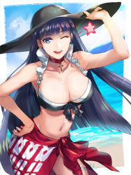 Rule 34 | 1girl, ;d, beach, bikini, black bikini, black hat, blue eyes, blunt bangs, breasts, choker, cleavage, collarbone, contrapposto, cross, cross choker, day, earrings, fate/grand order, fate (series), frilled bikini, frills, hand on own hip, hat, jewelry, large breasts, long hair, looking at viewer, martha (fate), martha (swimsuit ruler) (fate), martha (swimsuit ruler) (first ascension) (fate), navel, ocean, one eye closed, open mouth, outdoors, purple hair, sano (kabe 03), sarong, smile, solo, star (symbol), sun hat, swimsuit, twitter username, very long hair