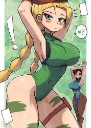Rule 34 | !, 2girls, ?, absurdres, arms up, beret, blonde hair, blue dress, blue eyes, blush, braid, breasts, brown eyes, brown hair, brown pantyhose, cammy white, capcom, china dress, chinese clothes, chun-li, double bun, dress, gloves, green background, green leotard, hair bun, hat, heart, highres, large breasts, leg tattoo, leotard, long hair, looking at viewer, military, military uniform, multiple girls, pantyhose, red gloves, red headwear, scar, scar on face, sleeveless, sleeveless dress, smile, sparkle, speech bubble, spoken heart, spoken question mark, standing, street fighter, stretching, tattoo, thick thighs, thigh strap, thighs, tony welt, twin braids, uniform, wide hips