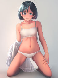 Rule 34 | 1girl, bare arms, black hair, bow, bow panties, bra, closed mouth, collarbone, commentary, dress shirt, flat chest, gradient background, green eyes, highres, kneeling, looking at viewer, navel, original, panties, shirt, short hair, simple background, solo, training bra, underwear, white panties, white shirt, yubata