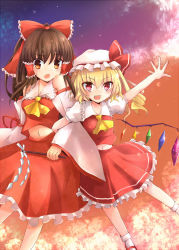 Rule 34 | 2girls, :d, :o, arm up, bare shoulders, blonde hair, blush, bow, brown hair, cherry blossoms, cloud, commentary request, cowboy shot, ascot, detached sleeves, fangs, flandre scarlet, flying, frilled skirt, frills, gohei, gradient sky, hair bow, hair tubes, hakurei reimu, hat, hat ribbon, highres, holding, locked arms, looking at viewer, mary janes, midriff, mob cap, multiple girls, navel, ncatabc, open hand, open mouth, orange eyes, outdoors, outstretched hand, ponytail, puffy short sleeves, puffy sleeves, red eyes, ribbon, shoes, short hair, short sleeves, side ponytail, skirt, skirt set, sky, smile, socks, star (sky), starry sky, touhou, twilight, white legwear, wings