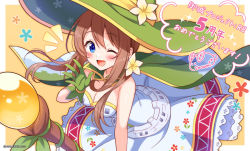 Rule 34 | 1girl, ;d, anniversary, blue eyes, blush, breasts, brown hair, cape, cleavage, dress, flower, from above, gloves, green cape, green gloves, green hat, hair flower, hair ornament, hat, holding, holding staff, long hair, looking at viewer, low twintails, medium breasts, notice lines, one eye closed, open mouth, orange background, oshiro project:re, signature, smile, snow rabbit, snowmi, solo, spis (oshiro project), staff, strapless, strapless dress, twintails, white dress