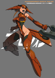 Rule 34 | 00s, 1girl, armor, armored boots, bad id, bad pixiv id, boots, brown hair, epic, full body, grey background, groin, hip focus, leotard, mazingkaizer, mecha musume, personification, rahxephon, simple background, solo, thigh boots, thighhighs, twintails, vermillion (mecha)