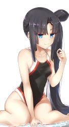 Rule 34 | 1girl, bad id, bad pixiv id, black hair, blue eyes, breasts, competition swimsuit, fate/grand order, fate (series), goggles, goggles on head, highleg, highleg swimsuit, long hair, one-piece swimsuit, pinta (ayashii bochi), side ponytail, simple background, sitting, small breasts, smile, solo, swimsuit, ushiwakamaru (fate), very long hair, wariza, water, white background