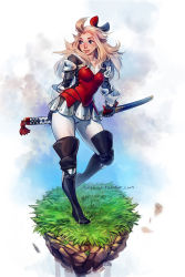Rule 34 | 1girl, ahoge, armor, armored dress, blonde hair, boots, bow, bravely default: flying fairy, bravely default (series), breasts, brown eyes, contrapposto, edea lee, faulds, full body, gloves, hair bow, highres, irahi, knee boots, knee pads, lips, long hair, nose, pantyhose, sheath, sheathed, small breasts, smile, solo, standing, sword, watermark, weapon, web address, white pantyhose
