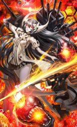 Rule 34 | 10s, 1girl, abyssal ship, anchorage water oni, bad id, bad pixiv id, bare shoulders, black hair, black skirt, colored skin, dress, gibagiba, glowing, glowing eyes, gradient hair, high heels, horns, kantai collection, long hair, machinery, multicolored hair, overskirt, pale skin, pleated skirt, red eyes, skirt, solo, very long hair, white dress, white skin