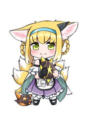 Rule 34 | 1girl, animal ears, arknights, black gloves, blonde hair, blue hairband, blush, braid, braided hair rings, chibi, chibi only, closed mouth, dress, earpiece, fox ears, fox girl, fox tail, gloves, green eyes, hair rings, hairband, highres, holding, kitsune, kyuubi, looking at viewer, multiple tails, nasumikan (nodoame241), originium slug (arknights), purple dress, simple background, single glove, solo, standing, tail, twin braids, white background