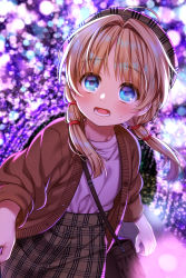 Rule 34 | 1girl, absurdres, ahoge, alternate costume, alternate hairstyle, bag, blonde hair, blouse, blue eyes, blush, cardigan, casual, commentary request, contemporary, cowboy shot, dutch angle, hair ribbon, hat, highres, lights, lower teeth only, moriya suwako, nora wanko, open mouth, red ribbon, ribbon, shirt, shoulder bag, solo, sweat, teeth, touhou, tress ribbon, twintails, white shirt
