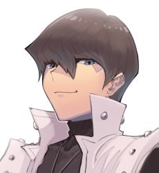 Rule 34 | 1boy, black sweater, blue eyes, boa (brianoa), brown hair, closed mouth, coat, hair between eyes, highres, kaiba seto, looking at viewer, male focus, popped collar, portrait, sleeveless, sleeveless coat, smile, smug, solo, sweater, turtleneck, turtleneck sweater, white coat, yu-gi-oh!