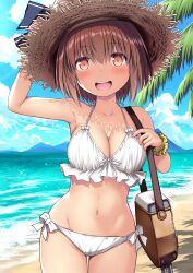 Rule 34 | 1girl, absurdres, alternate breast size, arm up, bag, beach, bikini, blue sky, blush, breasts, brown hair, cleavage, cloud, day, frilled bikini, frills, hat, highres, kantai collection, kuromayu, looking at viewer, medium breasts, ocean, open mouth, orange eyes, outdoors, scrunchie, short hair, sky, solo, sparkle, straw hat, swimsuit, water, white bikini, wrist scrunchie, yukikaze (kancolle)