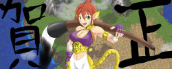 Rule 34 | 1girl, animal ears, breasts, breath of fire, breath of fire ii, cat ears, cat tail, cleavage, facial mark, furry, furry female, gloves, green eyes, highres, large breasts, no panties, no pants, orange hair, pointy ears, red hair, rinpoo chuan, short hair, solo, staff, tail