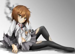 Rule 34 | 10s, 1girl, black pantyhose, black skirt, brown eyes, brown hair, expressionless, full body, grey background, kantai collection, looking at viewer, pantyhose, pleated skirt, shiozuke, shirt, short hair, simple background, sitting, skirt, smoke, solo, torn clothes, torn pantyhose, tsurime, wakaba (kancolle), white shirt