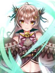 Rule 34 | 1girl, ahoge, bell, brown eyes, brown hair, clothing cutout, crossed bangs, detached sleeves, feathers, hair ornament, hair ribbon, hairclip, highres, hololive, hololive english, jingle bell, lily lily, long hair, looking at viewer, multicolored hair, nanashi mumei, navel, navel cutout, official alternate costume, pink ribbon, puffy sleeves, ribbon, smile, streaked hair, valkyrie connect, very long hair, virtual youtuber, wing hair ornament