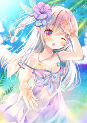 Rule 34 | 1girl, absurdres, bare arms, bare shoulders, blush, breasts, cloud, cloudy sky, collarbone, commentary request, day, dress, flower, hair between eyes, hair flower, hair ornament, highres, huge filesize, jewelry, light particles, long hair, looking at viewer, moe2020, moeno uni, necklace, ocean, open mouth, original, palm tree, purple dress, reaching, reaching towards viewer, red eyes, shell, shell necklace, sky, small breasts, solo, spaghetti strap, strap slip, sundress, tree, white hair