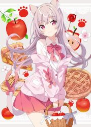 Rule 34 | 1girl, animal ear fluff, animal ears, apple, apple pie, basket, blush, bow, candy apple, cardigan, cat ears, cat girl, cat tail, closed mouth, collared shirt, commentary, cowboy shot, dress shirt, flower, food, fruit, grey background, grey hair, hair between eyes, highres, holding, holding basket, lace background, long hair, long sleeves, looking at viewer, off shoulder, open cardigan, open clothes, original, pie, pie slice, pink bow, pink cardigan, pink hair, pleated skirt, puffy long sleeves, puffy sleeves, red apple, red eyes, red skirt, shirt, skirt, sleeves past wrists, smile, solo, standing, symbol-only commentary, tail, tail bow, tail ornament, tantan men (dragon), very long hair, white flower, white shirt