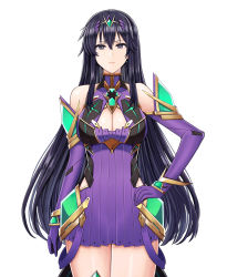 Rule 34 | 1girl, absurdres, adapted costume, alternate color, ayra (fire emblem), bare legs, bare shoulders, black hair, breasts, chest jewel, cleavage, cleavage cutout, clothing cutout, cowboy shot, dress, earrings, elbow gloves, expressionless, fire emblem, fire emblem: genealogy of the holy war, gloves, grey eyes, hand on own hip, highres, jewelry, large breasts, long hair, looking at viewer, mythra (xenoblade), nintendo, purple dress, purple gloves, saikunartworks, short dress, simple background, solo, tiara, very long hair, white background, xenoblade chronicles (series), xenoblade chronicles 2