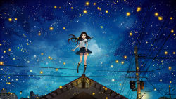 Rule 34 | 1girl, black hair, brown eyes, bug, cloud, fireflies, firefly, highres, house, insect, justminor, long hair, night, night sky, open mouth, original, power lines, rooftop, school uniform, serafuku, skirt, sky, solo, standing, standing on one leg, star (sky), starry sky, utility pole, wide shot, wind, wind lift