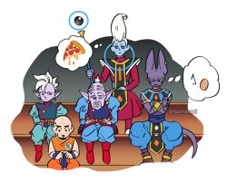 Rule 34 | 10s, 5boys, bald, beerus, bracelet, crossed arms, dougi, dragon ball, dragon ball super, dragonball z, earrings, egg, egyptian clothes, embarrassed, expressionless, eyelashes, food, jewelry, kaioushin, kuririn, long sleeves, looking at another, looking down, male focus, mohawk, multiple boys, nervous, pizza, pointy ears, potara earrings, rou kaioushin, simple background, sitting, sparkle, staff, sweatdrop, thought bubble, twitter username, whis, white background, white hair, wristband