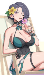 Rule 34 | 1girl, absurdres, bare shoulders, beach chair, black choker, black gloves, black hair, black one-piece swimsuit, breasts, choker, cocktail glass, commentary, crossed legs, cup, drinking, drinking glass, drinking straw, fire emblem, fire emblem: three houses, fire emblem heroes, flower, gloves, gonzarez, green one-piece swimsuit, hair flower, hair ornament, halterneck, hibiscus, highres, holding, holding cup, large breasts, looking at viewer, nintendo, official alternate costume, one-piece swimsuit, one eye closed, partially fingerless gloves, purple eyes, shamir nevrand, shamir nevrand (summer), short hair, simple background, single glove, sitting, solo, swimsuit, thigh strap, tropical drink, two-tone swimsuit