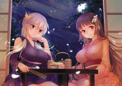 Rule 34 | 2girls, :o,  jing, bad id, bad pixiv id, bare shoulders, blunt bangs, blush, breasts, brown eyes, brown hair, butterfly hair ornament, cloud, covered erect nipples, cup, detached sleeves, eyebrows, floral print, food, fusou (warship girls r), hair between eyes, hair ornament, hair over shoulder, hand fan, hand in own hair, highres, holding, holding fan, huge breasts, japanese clothes, kanzashi, kimono, leaf, long hair, looking at another, looking at viewer, low twintails, moon, multiple girls, night, night sky, obi, onigiri, open mouth, petals, red eyes, sash, sitting, sky, sliding doors, smile, steam, table, tree, twintails, very long hair, warship girls r, white hair, wide sleeves, yamashiro (warship girls r)